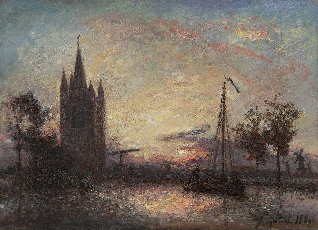 Johan Barthold Jongkind | Coucher de soleil sur l'église, Hollande, olieverf op doek, 24,3 x 32,5 cm, gesigneerd r.o. en gedateerd 1869