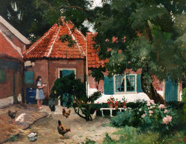 Jean 'Louis' Henri Bron | Boerenerf met meisje en kippen, 29,9 x 37,7 cm, gesigneerd r.o.
