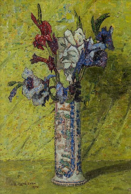 Jan Adam Zandleven | Gladiolen in een geglazuurde vaas, olieverf op doek, 50,2 x 35,5 cm, gesigneerd l.o. en gedateerd 1914