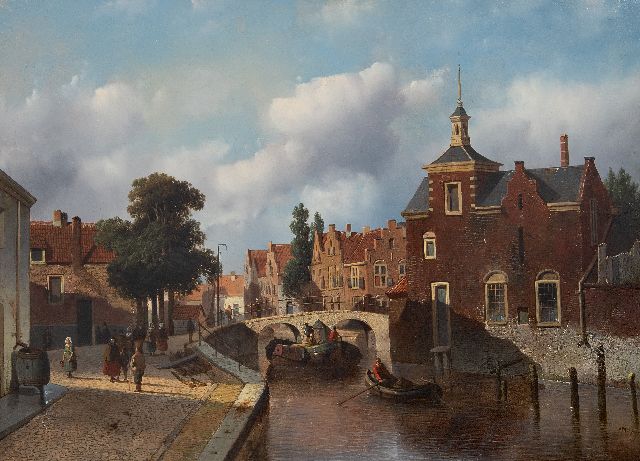 Adriaan Vrolijk | Hollandse stadsgracht met scheepvaart en figuren, olieverf op paneel, 38,6 x 52,4 cm, gesigneerd r.o.