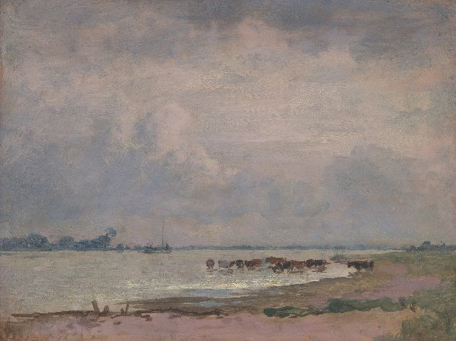 Voerman sr. J.  | Gezicht op de IJssel met wadende koeien, olieverf op paneel 31,4 x 41,2 cm, gesigneerd verso met stempel