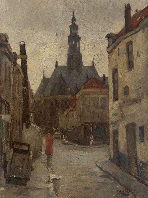 Cor Noltee | Stadsgezicht in Den Haag met de Nieuwe Kerk, olieverf op doek, 40,0 x 30,3 cm, gesigneerd r.o.