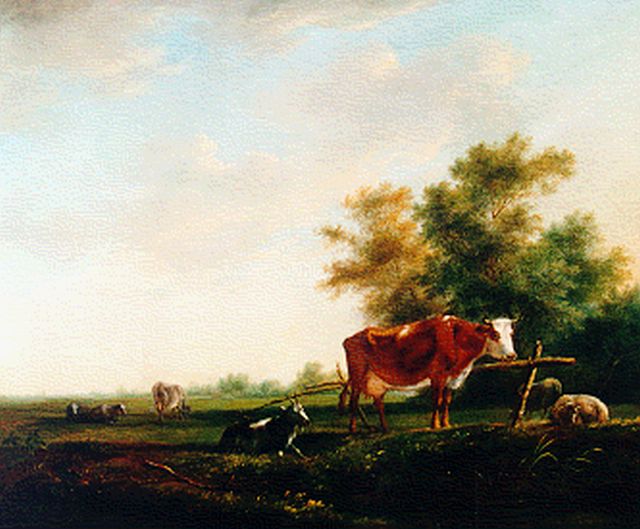 Janson J.  | Koeien, schapen en bok in de wei, olieverf op paneel 29,8 x 35,5 cm, gesigneerd r.o.