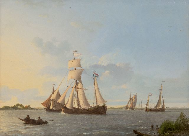 Johannes Koekkoek | Laverende zeilschepen op Hollands binnenwater, olieverf op paneel, 32,3 x 44,8 cm, gesigneerd r.o. en gedateerd 1829