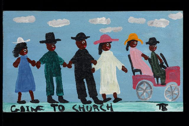 Tim Brown | Going to church, acryl op paneel, 23,0 x 41,0 cm, gesigneerd r.o. met initialen
