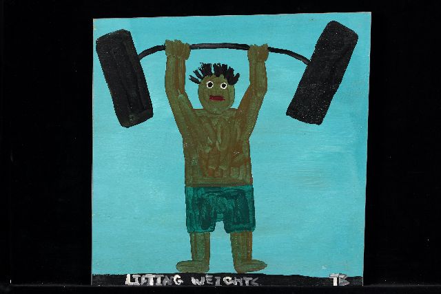 Tim Brown | Lifting weights, acryl op paneel, 42,0 x 43,0 cm, gesigneerd r.o. met initialen