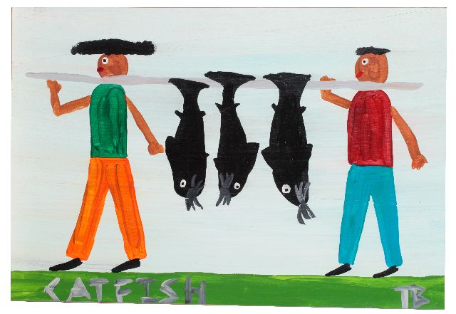 Tim Brown | Catfish, acryl op paneel, 37,0 x 55,0 cm, gesigneerd r.o. met initialen