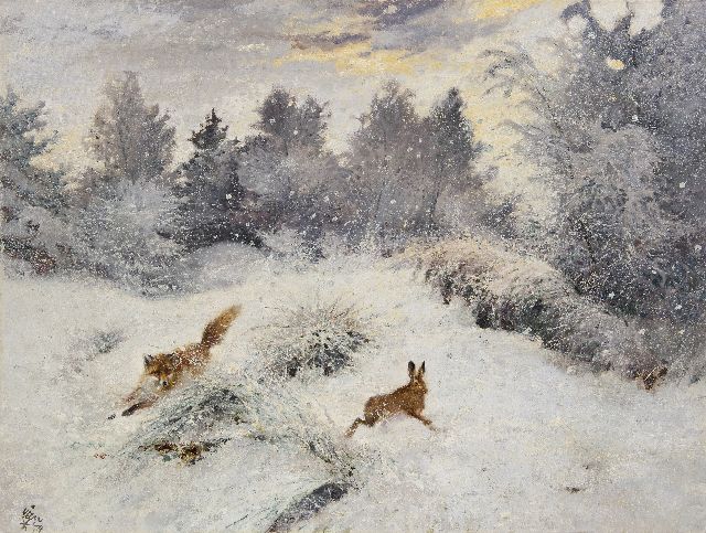 Rien Poortvliet | Jagende vos in sneeuwlandschap, olieverf op doek, 60,4 x 79,9 cm, gesigneerd l.o. en zonder lijst