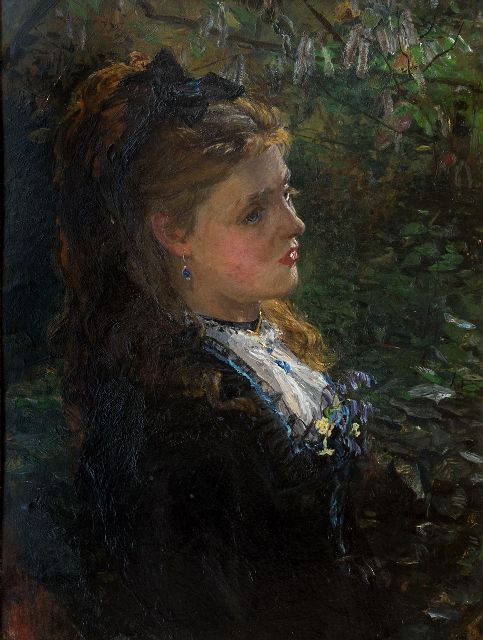 Beckwith J.C.  | Portret van een jonge vrouw onder de bomen, 1875-1878, mogelijk de jonge Émilie-Louise Delabigne (Valtesse de la Bigne)., olieverf op board 40,0 x 30,0 cm, ca. 1875-1878