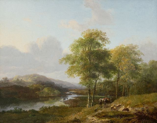 Barend Cornelis Koekkoek | Zomerse riviervallei (waarschijnlijk ‘Het Meertje’ nabij Beek bij Nijmegen), olieverf op doek, 46,5 x 58,5 cm, gesigneerd r.o. en te dateren ca. 1828