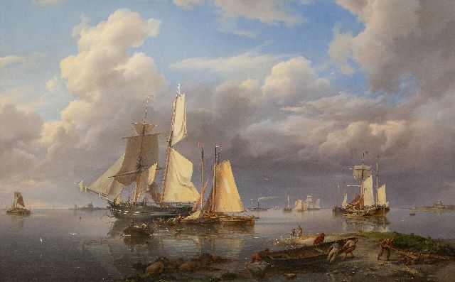 Hermanus Koekkoek | Schepen voor anker voor de kust, bij kalm weer, olieverf op doek, 102,5 x 160,0 cm, gesigneerd r.o. en gedateerd 1841