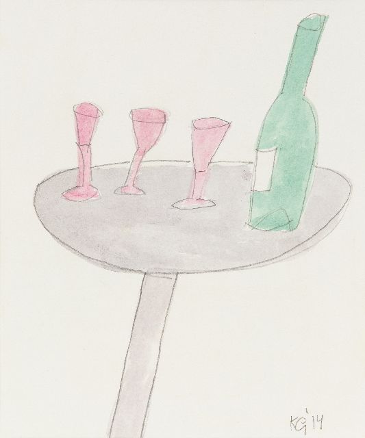 Klaas Gubbels | Glazen en fles op een tafel, potlood en aquarel op papier, 24,0 x 20,0 cm, gesigneerd r.o. en gedateerd 2014
