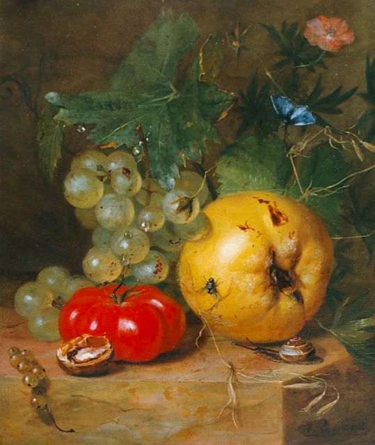 Reekers sr. H.  | Stilleven met vruchten, olieverf op paneel 25,9 x 21,8 cm, gesigneerd r.o. en gedateerd 1833