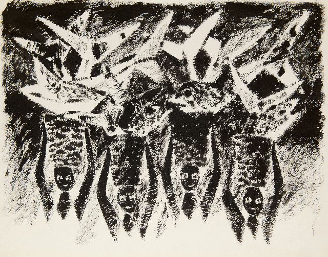 Frieda Hunziker | Hoofden, manden, vissen, gouache op papier, 57,8 x 73,5 cm