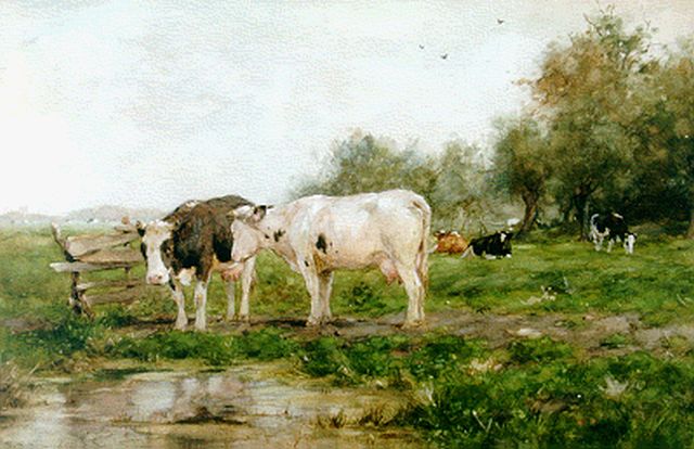 Adriaan Groenewegen | Melkvee in de weide, aquarel en gouache op papier, 34,5 x 52,0 cm, gesigneerd l.o.