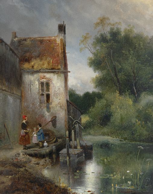 Nuijen W.J.J.  | Vrouw en kinderen bij een huis, olieverf op paneel 41,9 x 33,1 cm, gesigneerd r.o. en gedateerd 1834