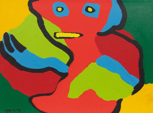 Karel Appel | Asking again (for cigarettes), acryl op papier op doek, 56,0 x 75,9 cm, gesigneerd l.o. en gedateerd '74