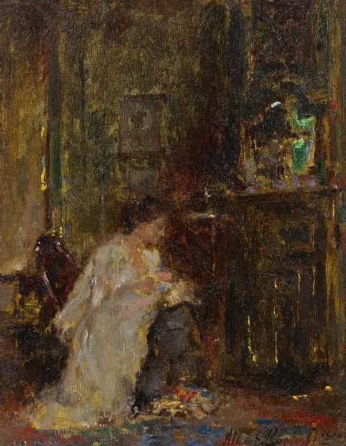 Roelofs O.W.A.  | Vrouw in een interieur, olieverf op paneel 18,0 x 14,0 cm, gesigneerd r.o. en gedateerd 1914