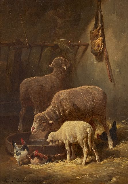 Beul F. de | Schapen in de stal  (alleen tezamen), olieverf op paneel 34,3 x 23,2 cm, gesigneerd l.o. en gedateerd 1883
