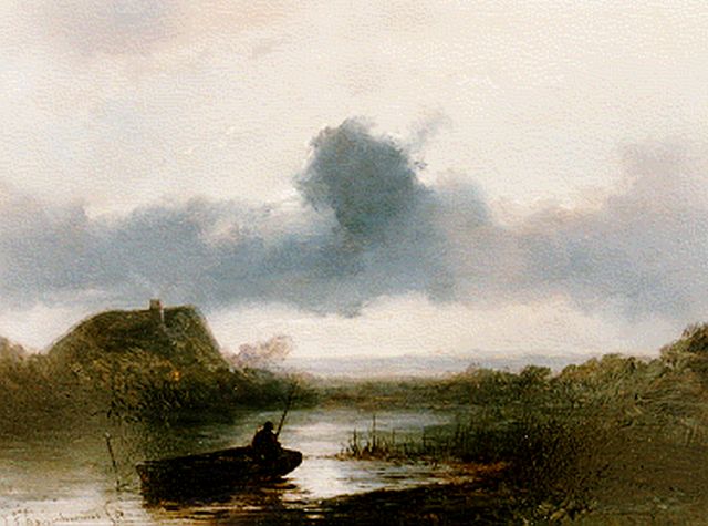 John Franciscus Hoppenbrouwers | Avondstemming met visser, olieverf op paneel, 19,1 x 26,0 cm, gesigneerd l.o.