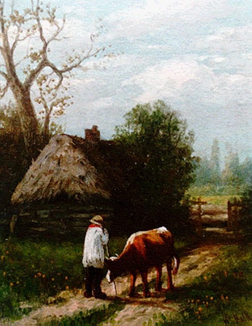 Willem Frederik Hulk | Boer met rund bij een boerderij  (3x), olieverf op paneel, 12,8 x 10,2 cm, gesigneerd r.o.