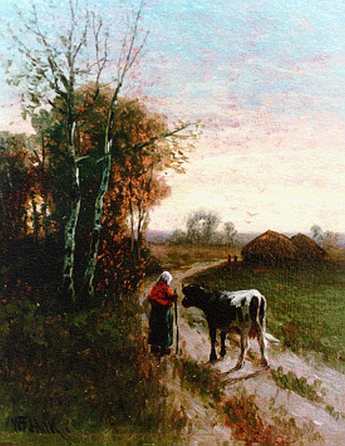 Willem Frederik Hulk | Boerenvrouw met vee op een landweg, olieverf op paneel, 12,8 x 10,3 cm, gesigneerd l.o.