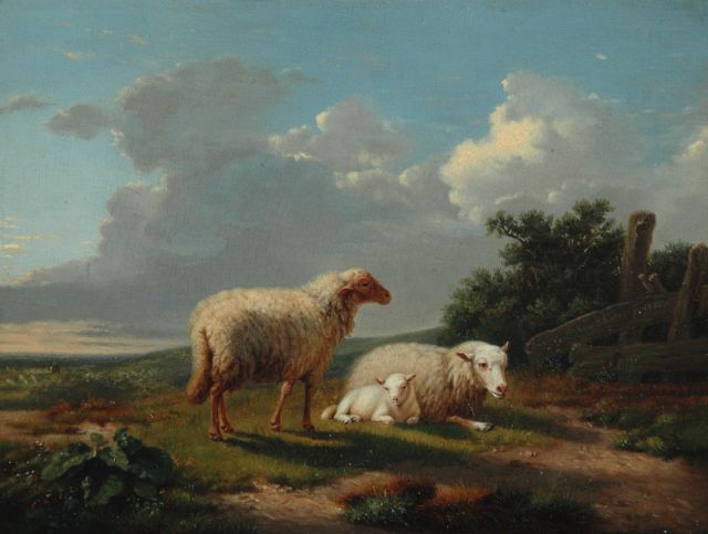 Dieghem J. van | Landschap met twee schapen en een lam, olieverf op paneel 18,8 x 24,5 cm, gesigneerd r.m. en gedateerd 1855
