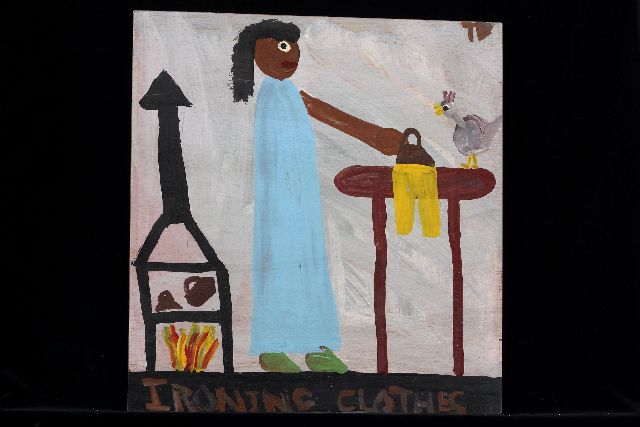 Tim Brown | Ironing clothes, acryl op paneel, 42,9 x 40,3 cm, gesigneerd r.b. met initialen