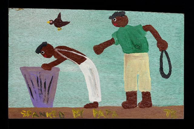 Tim Brown | Spanked by papa, acryl op paneel, 34,4 x 55,5 cm, gesigneerd r.o. met initialen