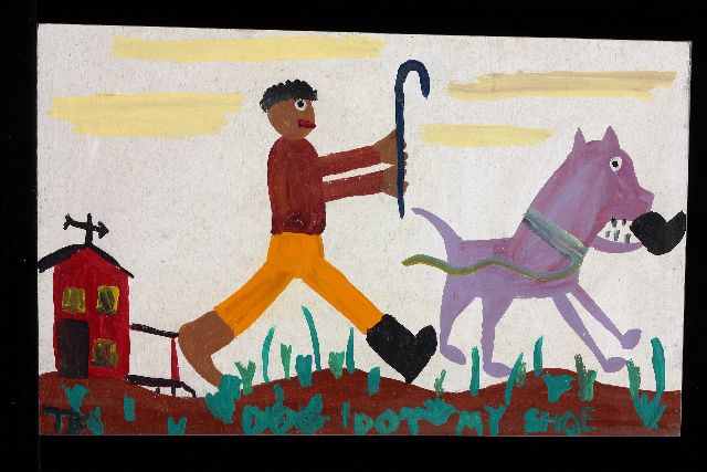 Tim Brown | Dog got my shoe, acryl op paneel, 32,0 x 52,0 cm, gesigneerd l.o. met initialen