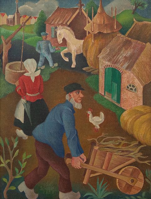 Schrikkel J.L.  | Bedrijvigheid op de boerderij, olieverf op doek op paneel 35,5 x 27,1 cm, gesigneerd l.o. en gedateerd 1936