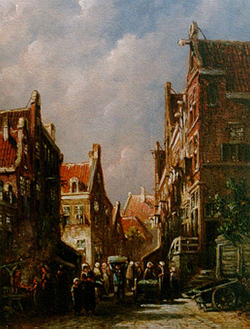 Petrus Gerardus Vertin | Markt in zomers straatje, olieverf op paneel, 19,4 x 14,9 cm, gesigneerd l.o.