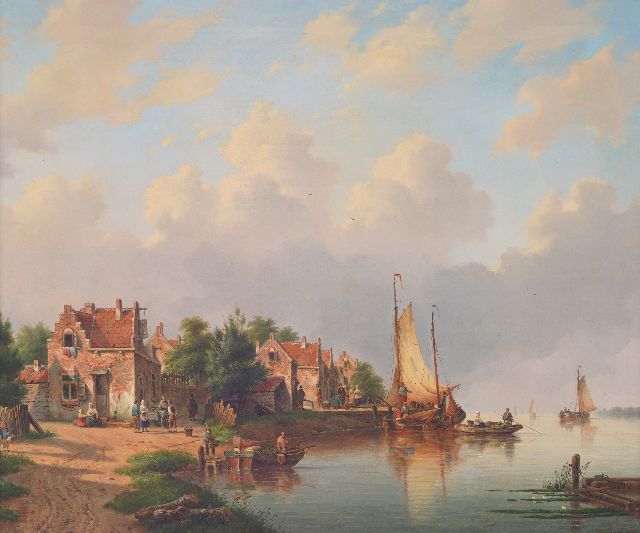 George Henry Hendriks | Dorp aan de rivier met voetveer en zeilschepen, olieverf op doek, 83,0 x 98,4 cm