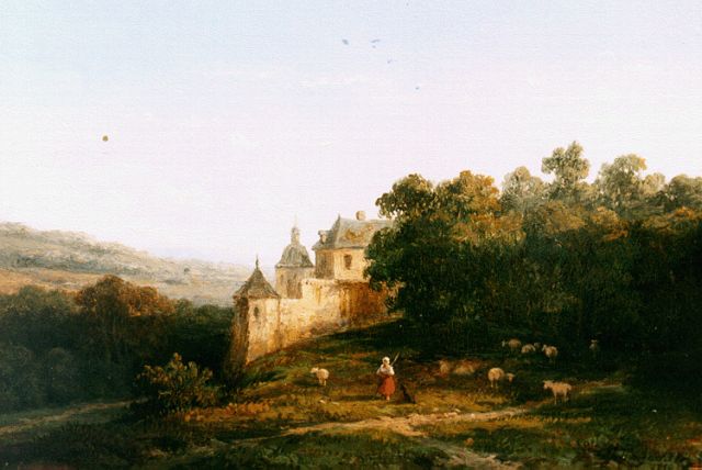 Anthonie Jacobus van Wijngaerdt | Heuvellandschap met kasteel, olieverf op paneel, 15,2 x 22,2 cm, gesigneerd r.o. en gedateerd 1854