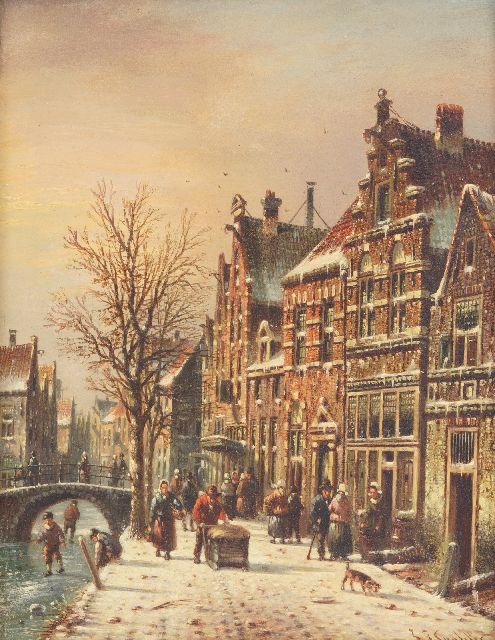Johannes Franciscus Spohler | Winters stadsgezicht  (pendant van zomer), olieverf op paneel, 20,9 x 15,9 cm, gesigneerd r.o.