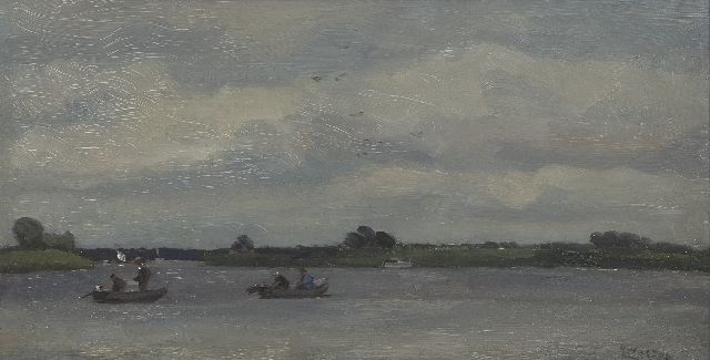 Noltee B.C.  | Vissers in bootjes met buitenboordmotor op het Wantij, Dordrecht, olieverf op schildersboard 29,0 x 55,2 cm, gesigneerd r.o.