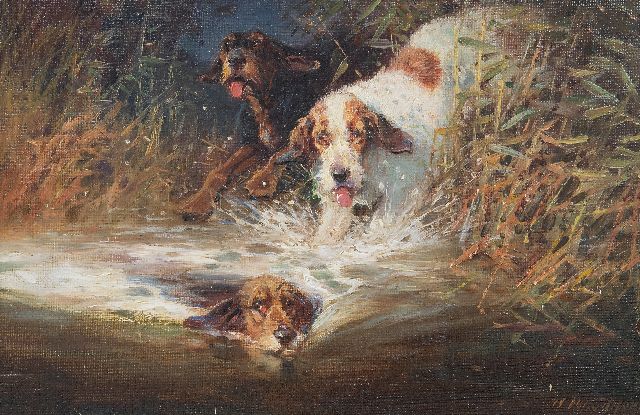 William Woodhouse | Drie jachthonden in actie, olieverf op doek op paneel, 20,0 x 30,2 cm, gesigneerd r.o.