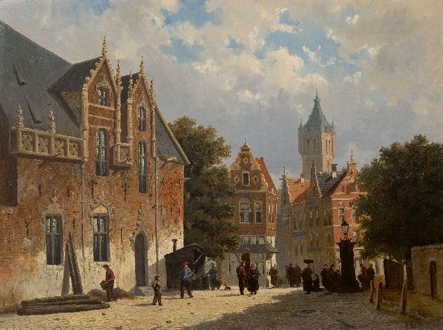 Frederik Roosdorp | Stadsplein op een zonnige middag, olieverf op doek, 52,0 x 69,5 cm, gesigneerd r.o. met monogram