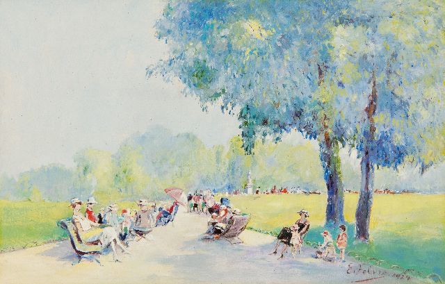 E. Febre | Le Jardin Public, olieverf op paneel, 16,5 x 25,5 cm, gesigneerd r.o. en gedateerd 1924