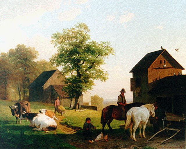 Tjarda van Starckenborgh Stachouwer J.N.  | Boerenerf met figuren en vee, olieverf op doek 63,6 x 76,5 cm, gesigneerd r.o. en gedateerd 1857
