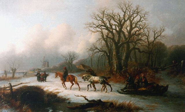 Leeuw A. de | Winterlandschap met trekslee en houtsprokkelaars, olieverf op doek 78,5 x 126,7 cm, gesigneerd r.o. en gedateerd 1865