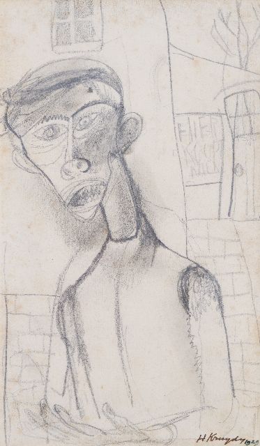 Herman Kruyder | Een man: 'hier koopt men', tekening op papier, 18,0 x 11,0 cm, gesigneerd r.o. en gedateerd 1929 (niet te koop)