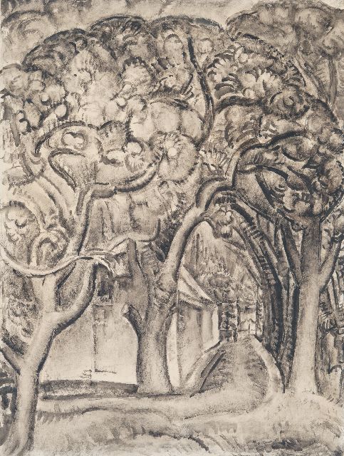 Leo Gestel | Boomgaard in de Beemster, inkt en krijt op papier, 95,4 x 72,6 cm, gesigneerd r.o. en gedateerd 1919