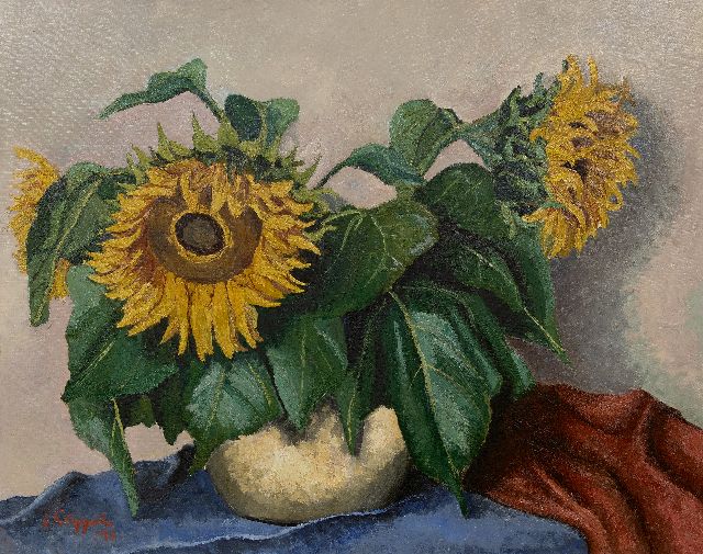 Karel Appel | Stilleven met zonnebloemen, olieverf op papier op doek op paneel - (oil on paper on canvas laid down on panel), 71,0 x 90,0 cm, gesigneerd l.o. en gedateerd '40 VERKOCHT