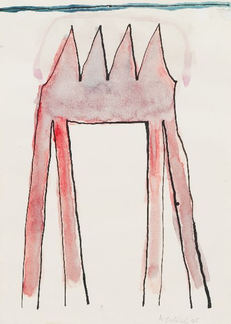 Klaas Gubbels | Rood tafeltje, inkt en aquarel op papier, 14,8 x 10,5 cm, gesigneerd r.o. en gedateerd '75