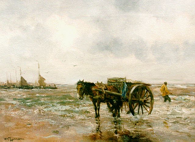Willem George Frederik Jansen | Schelpenvisser in de branding, olieverf op doek, 39,6 x 54,2 cm, gesigneerd l.o.
