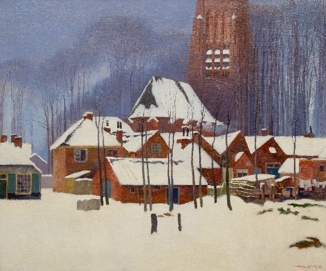 Huib Luns | Wintergezicht op Vught met de Sint Lambertuskerk in de sneeuw, olieverf op doek, 120,5 x 142,2 cm, gesigneerd r.o. en gedateerd '23