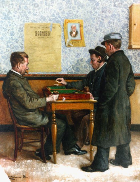 Jan Ludovicus Moerman | Een spelletje backgammon, olieverf op paneel, 27,0 x 21,3 cm, gesigneerd l.o. en gedateerd '92