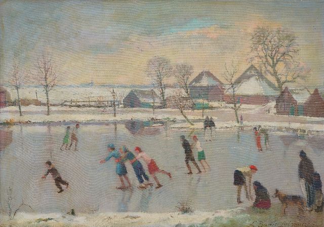 Léonie Bander-Lutomirski | Schaatsplezier in Noord-Holland, olieverf op doek, 50,2 x 69,8 cm, gesigneerd r.o. en zonder lijst