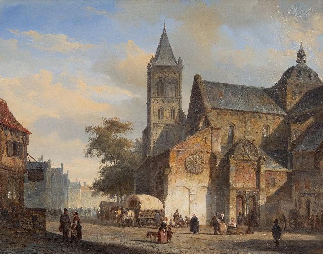 Cornelis Springer | Hollands stadsplein met kerk en huifkar, olieverf op doek, 36,5 x 46,0 cm, gesigneerd l.o. met monogram en gedateerd '44
